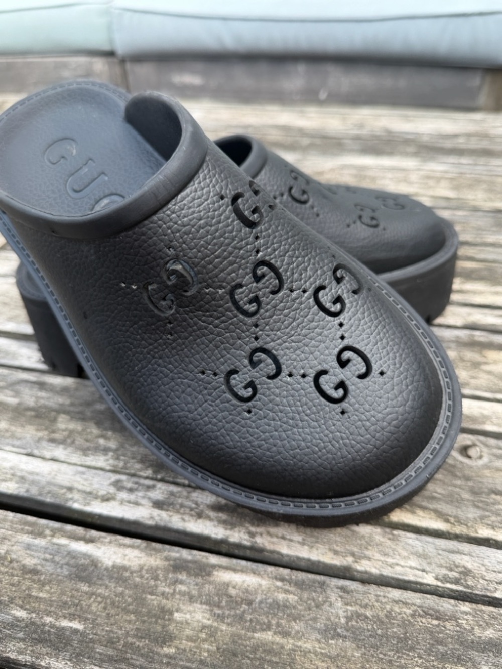 Gucci Black Rubber Clogs - Embossed GG Logo
